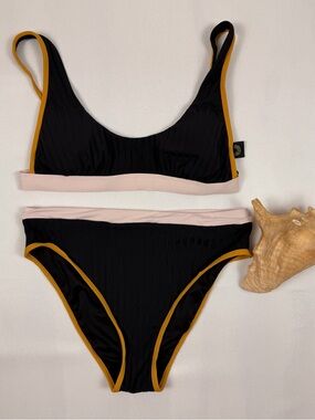 Black Bikini Set with Blush Band and Mustard Trim